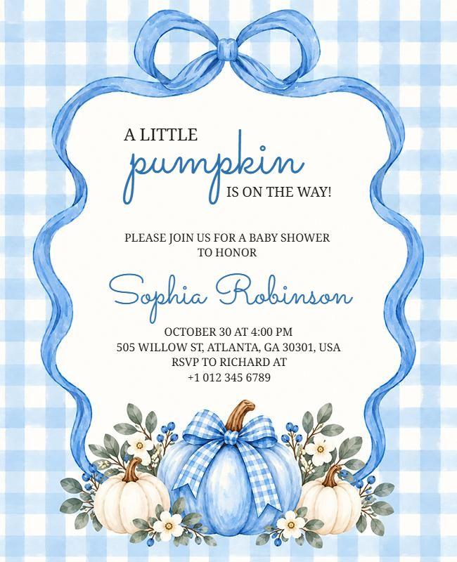 Blue Gingham Pumpkin Baby Shower Invitation Flyer Template