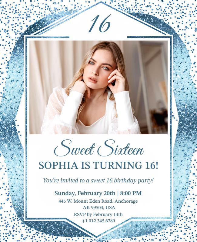 Blue Glitter Theme Sweet 16 Party Flyer Template