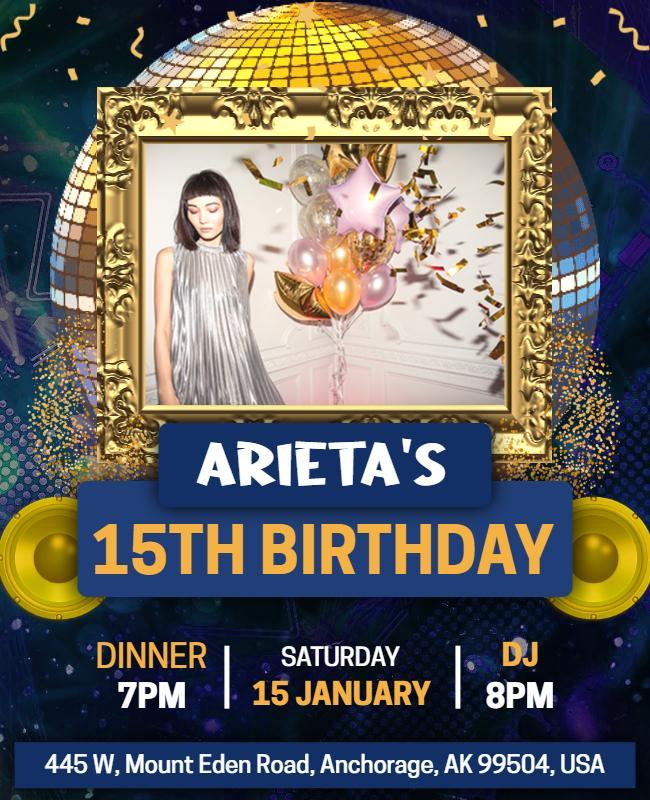 Blue Golden Decorative 15th Birthday Party Flyer Template