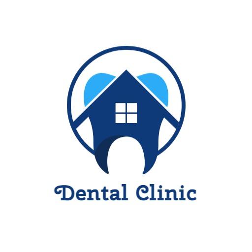 Blue House-Shaped Tooth Design Representing Dental Clinic Logo Template
