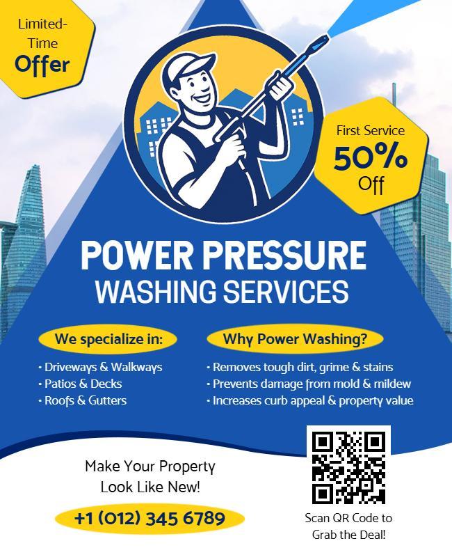 Blue Iconic Power Pressure Washing Services Flyer Template