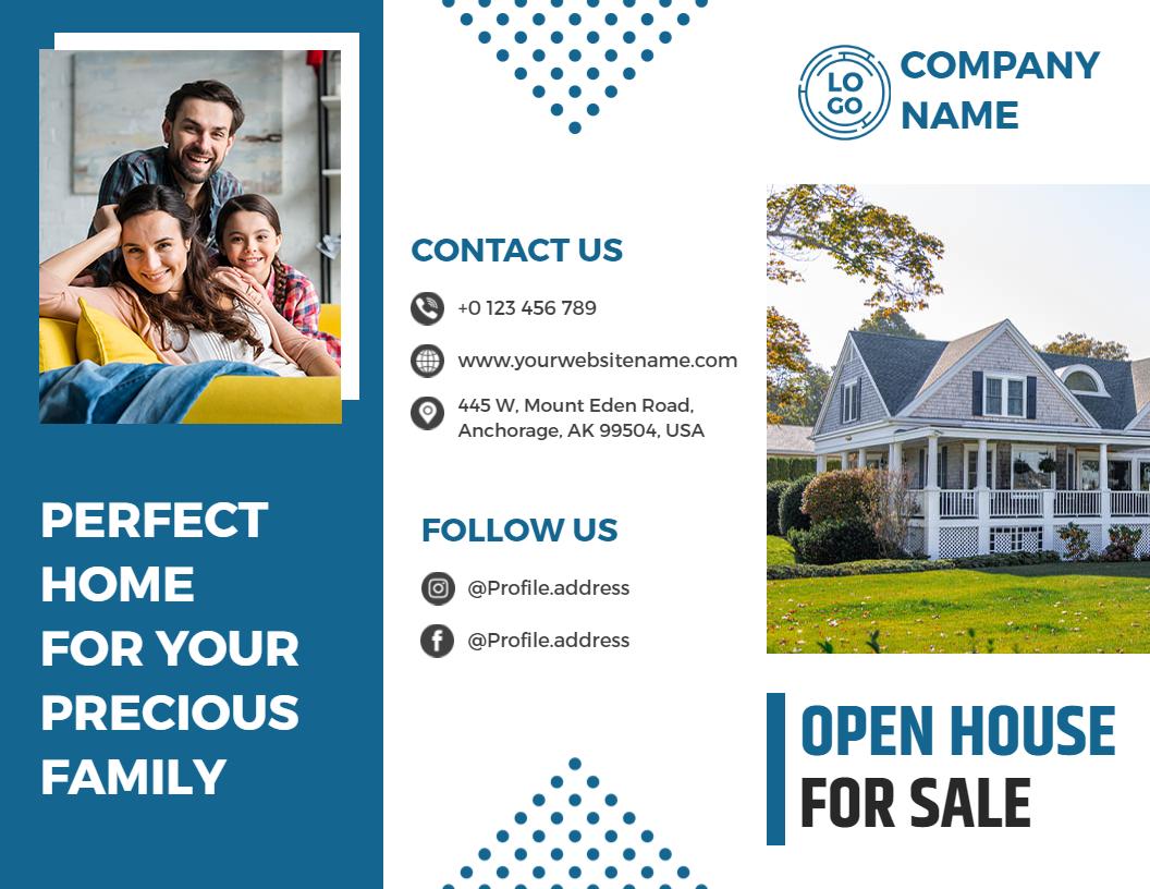 Blue Modern Family Home Open House for Sale Brochure Template
