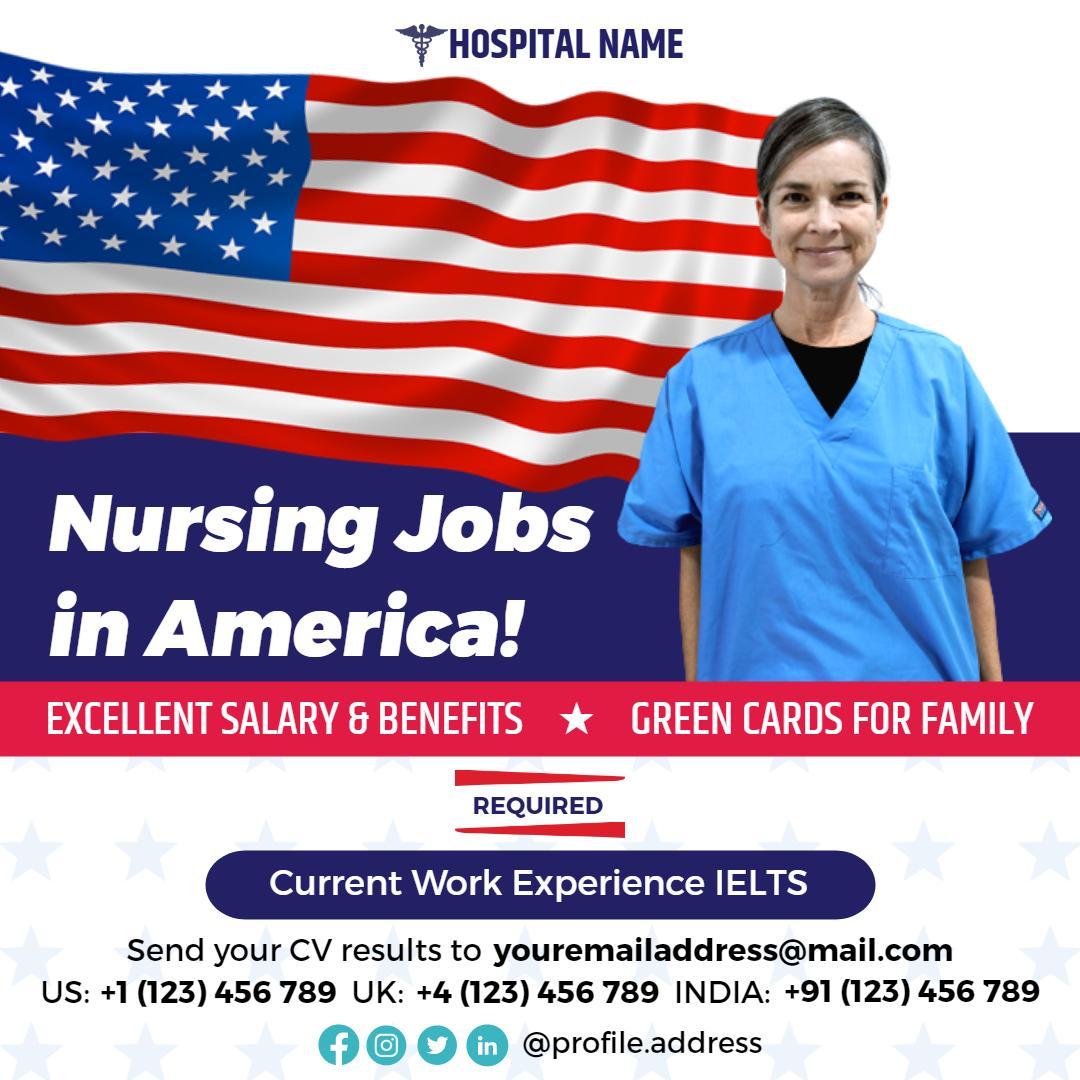 Blue Nursing Jobs in America with Salary Benefits Ad Template