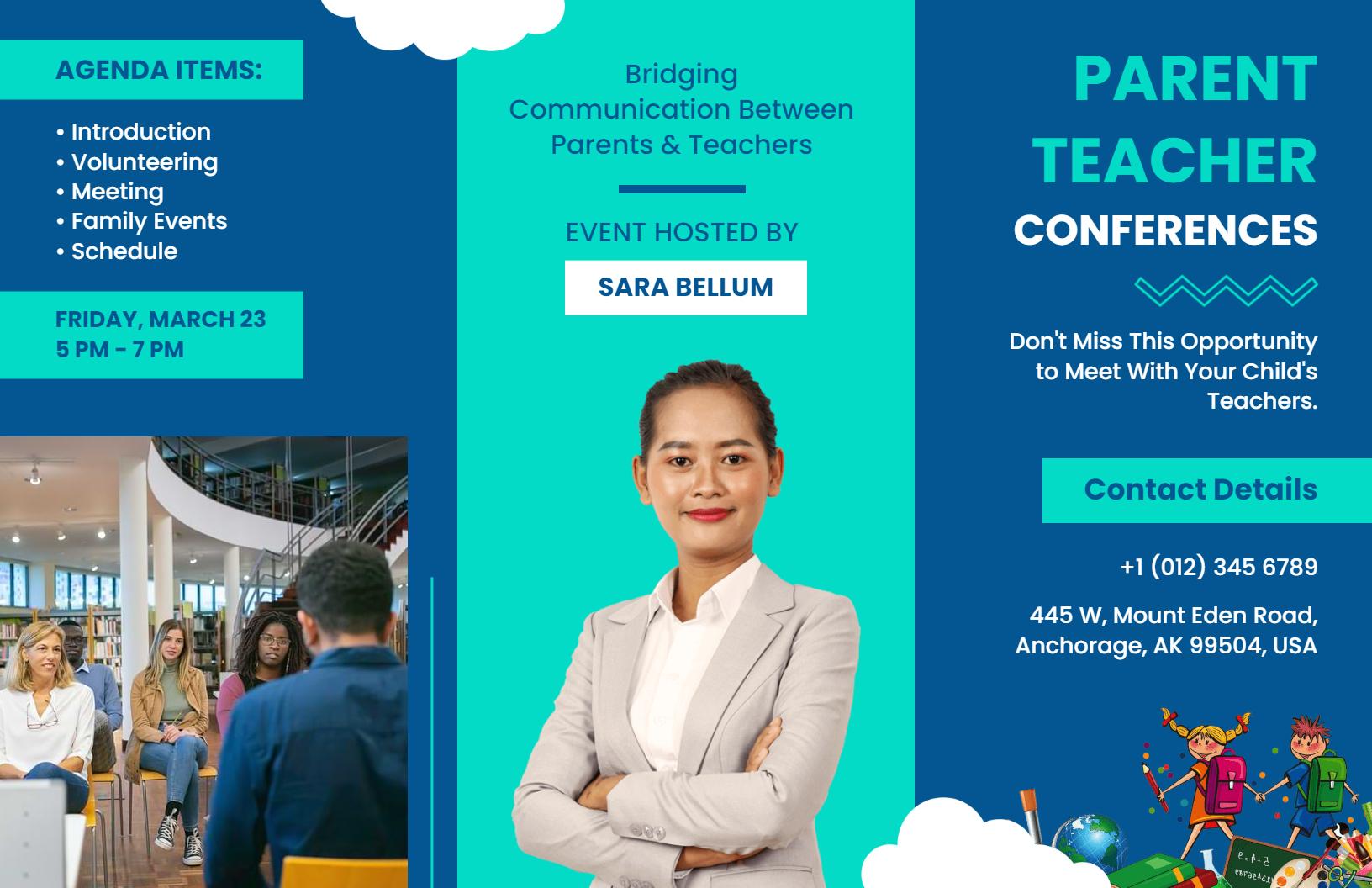 Blue Parent-Teacher Conference Agenda and Networking Brochure Template