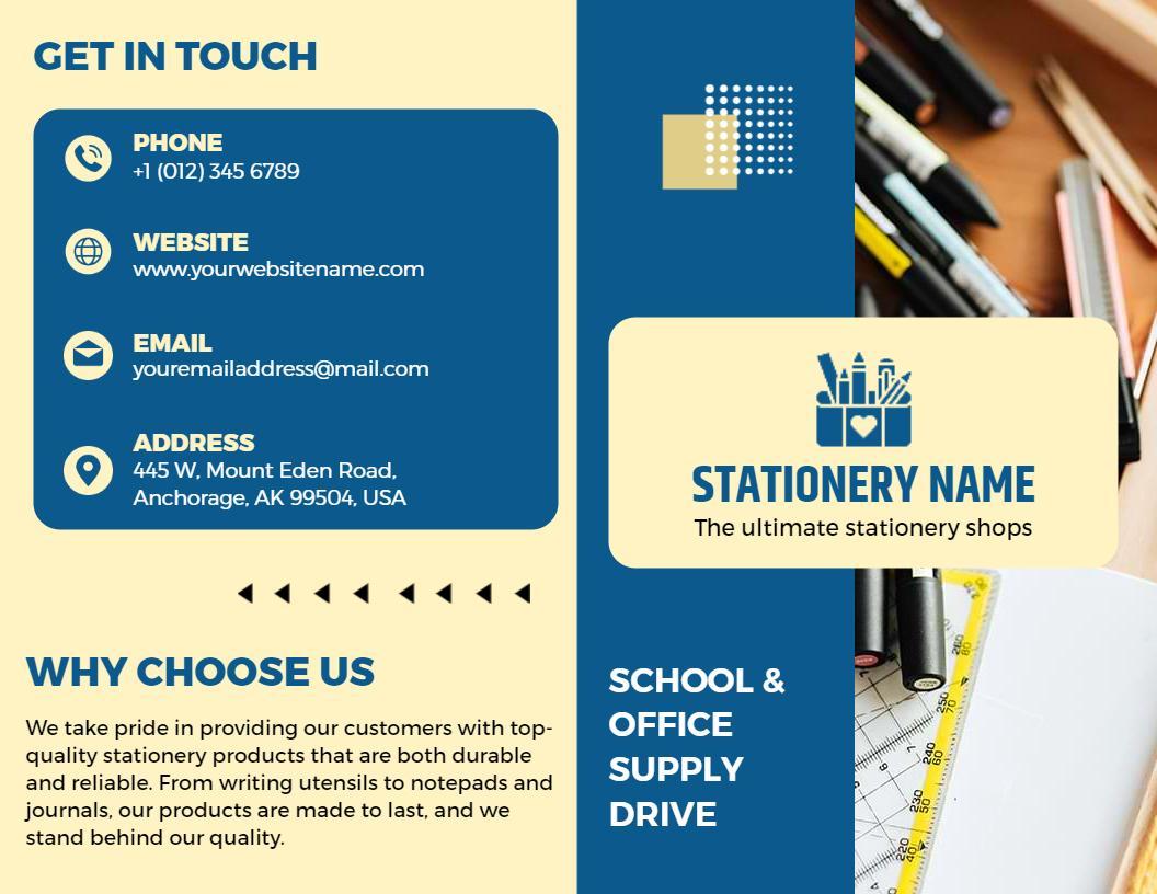 Blue School and Office Supply Drive Stationery Brochure Template