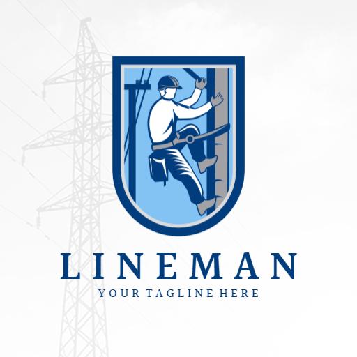 Blue Shield Featuring an Electrician Working on Power Lines Logo Template