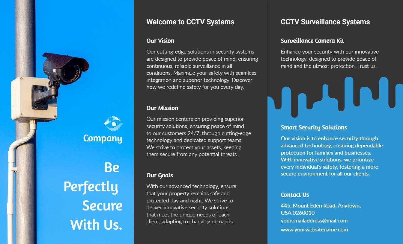 Blue Themed CCTV Surveillance Systems Security Solutions Brochure Template