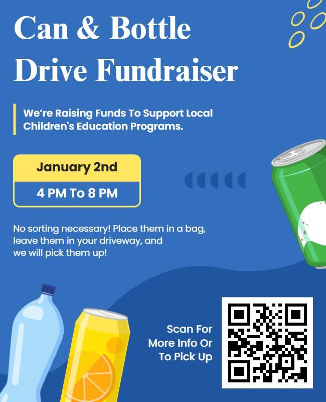 Blue Themed Community Can and Bottle Drive Fundraiser Poster Template