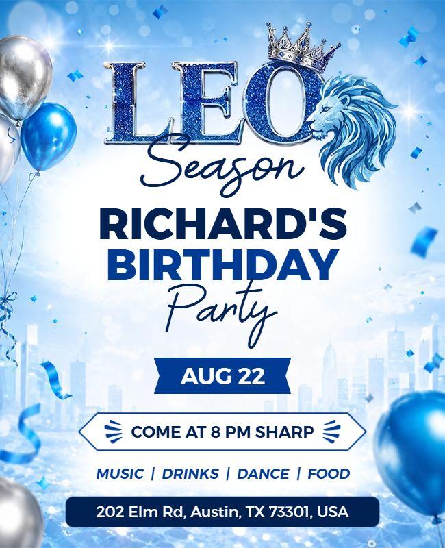 Blue Themed Leo Season Birthday Party Flyer Template