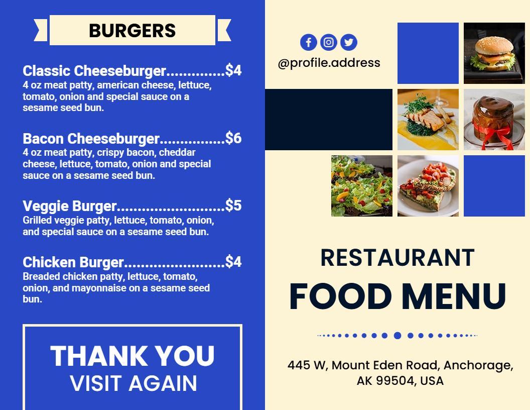 Blue Themed Restaurant Bi-Fold Menu Template