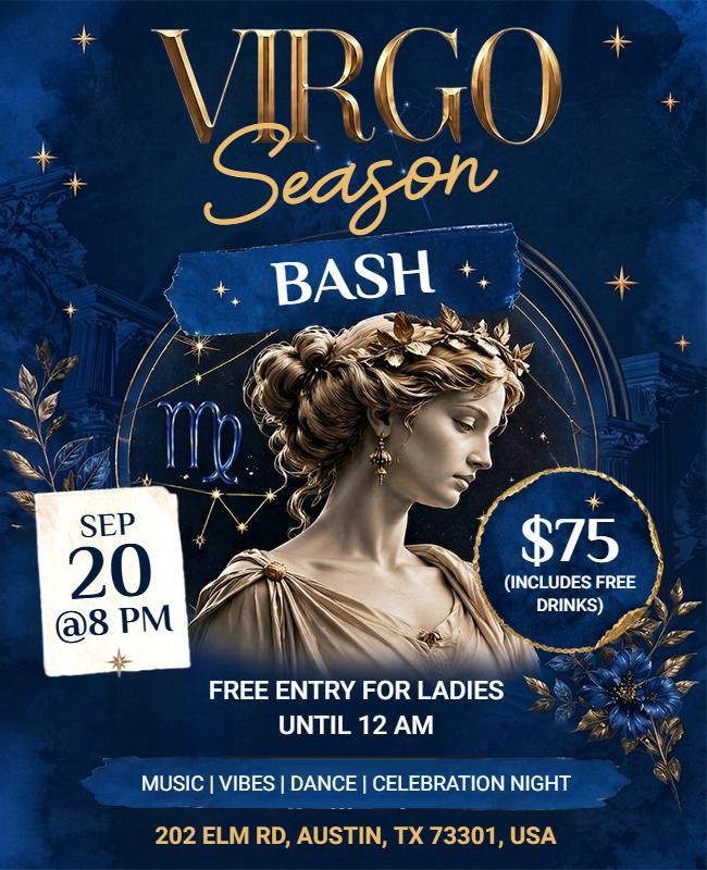 Blue Themed Virgo Season Celebration Bash Flyer Template