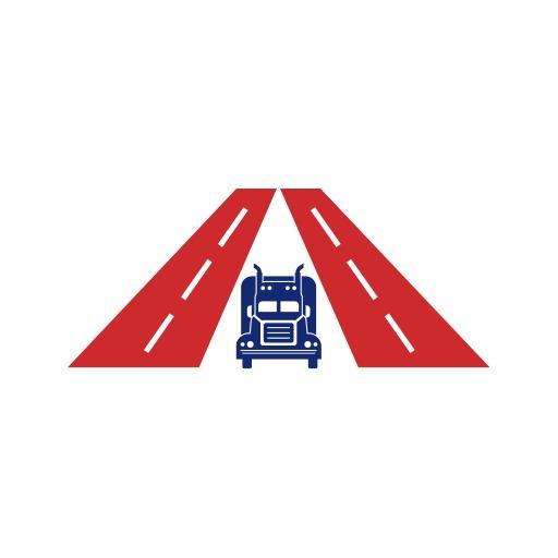 Blue Truck Icon on Bold Red Asphalt Roads Transportation Logo Template