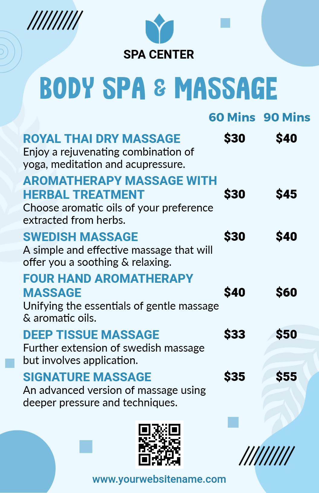 Body Spa and Swedish Massage Offerings Menu Template