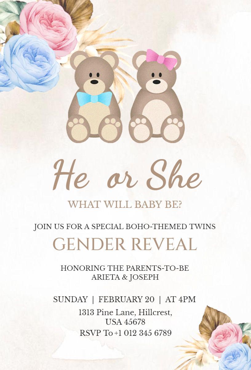 Boho Teddy Bear Twins Gender Reveal Celebration Invitation Template