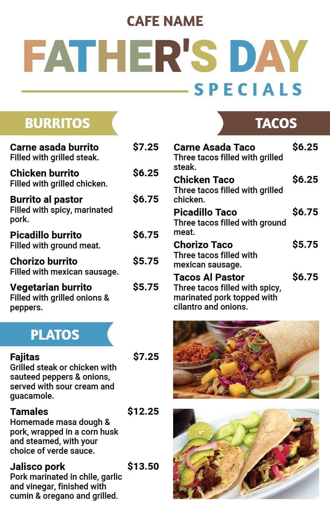 Bold and Bright Father's Day Special Dish Menu Template