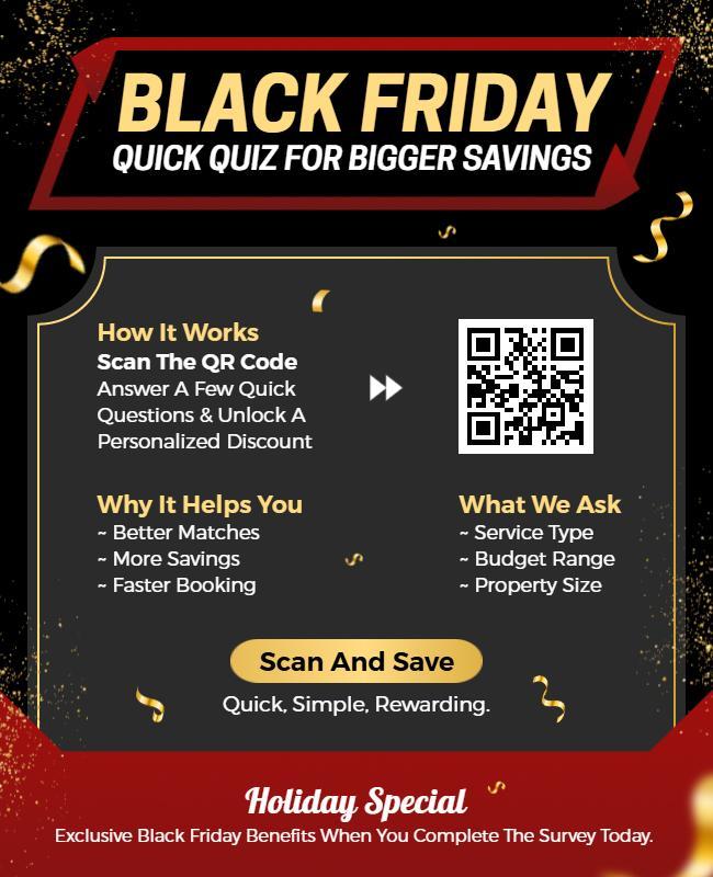 Bold Black and Gold Black Friday Savings Quiz Flyer Template
