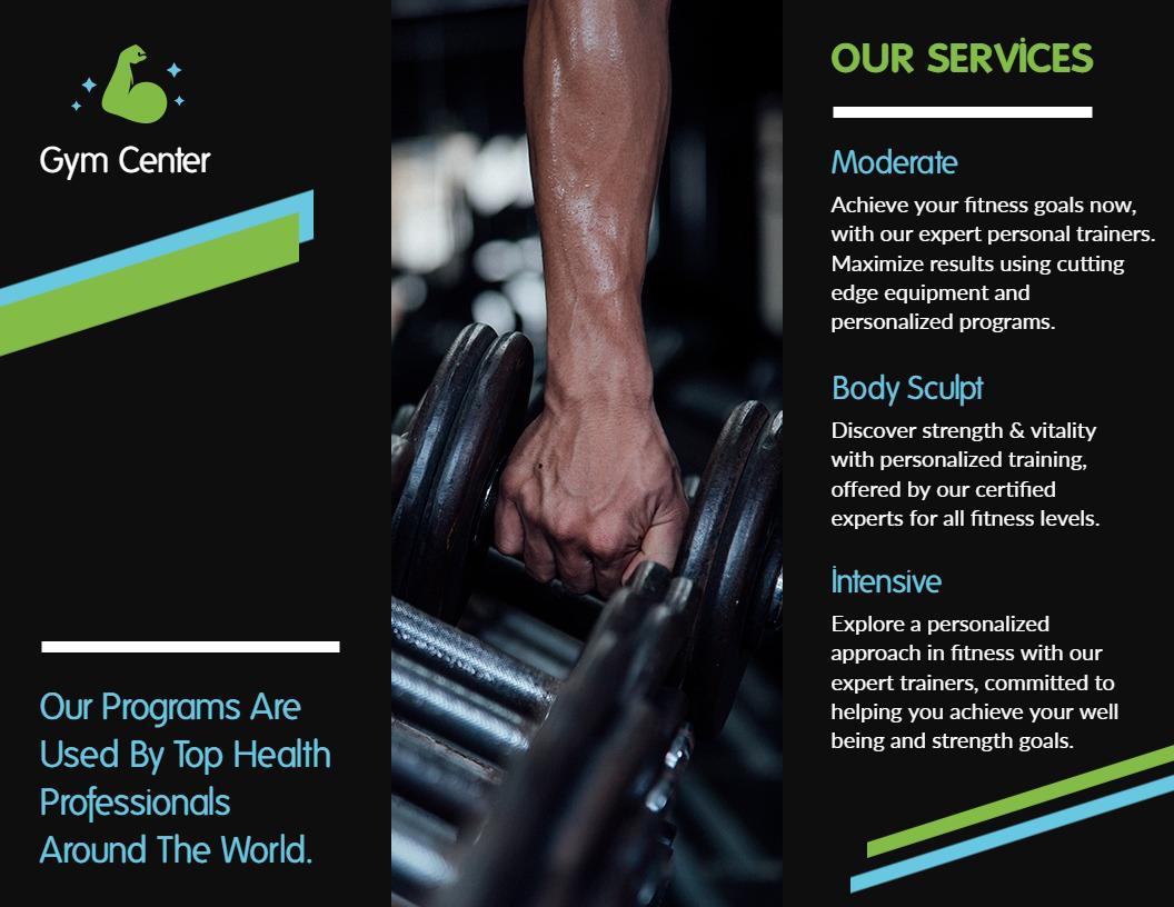 Bold Black and Green Gym Center Fitness Services Brochure Template