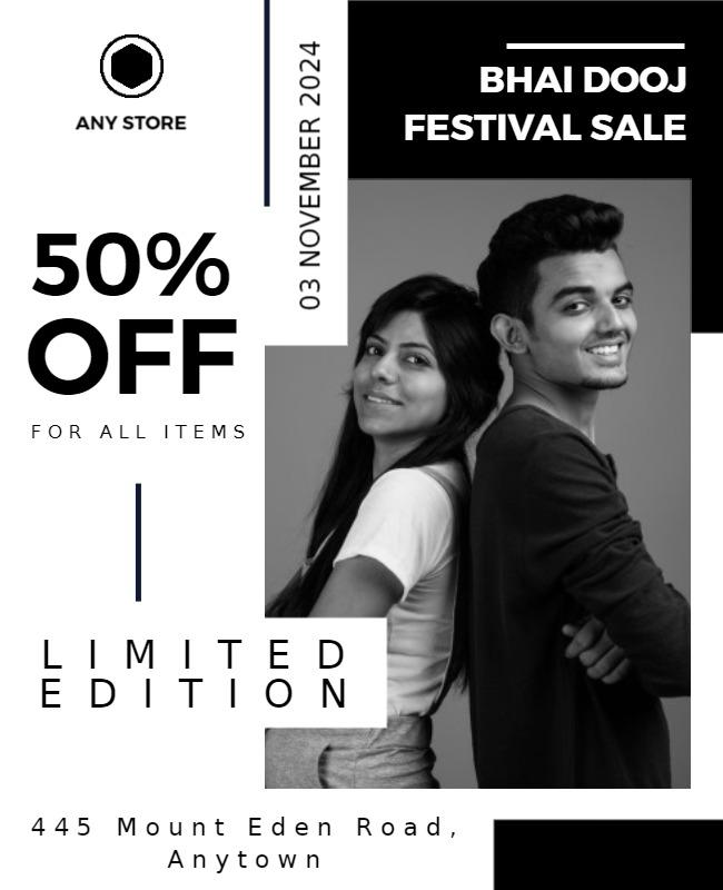Bold Black and White Bhai Dooj Festival Sale Poster Template