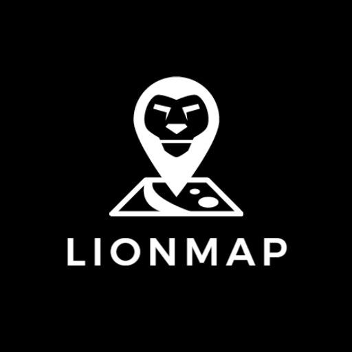Bold Black and White Lion Map Design for Navigation Logo Template