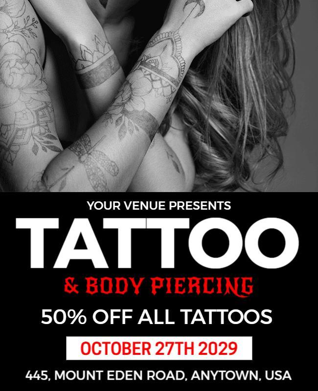 Bold Black and White Tattoo and Body Piercing Discount Poster Template