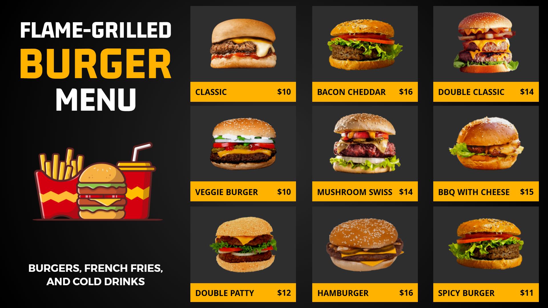 Bold Black and Yellow Burger Selection for Restaurants Menu Template