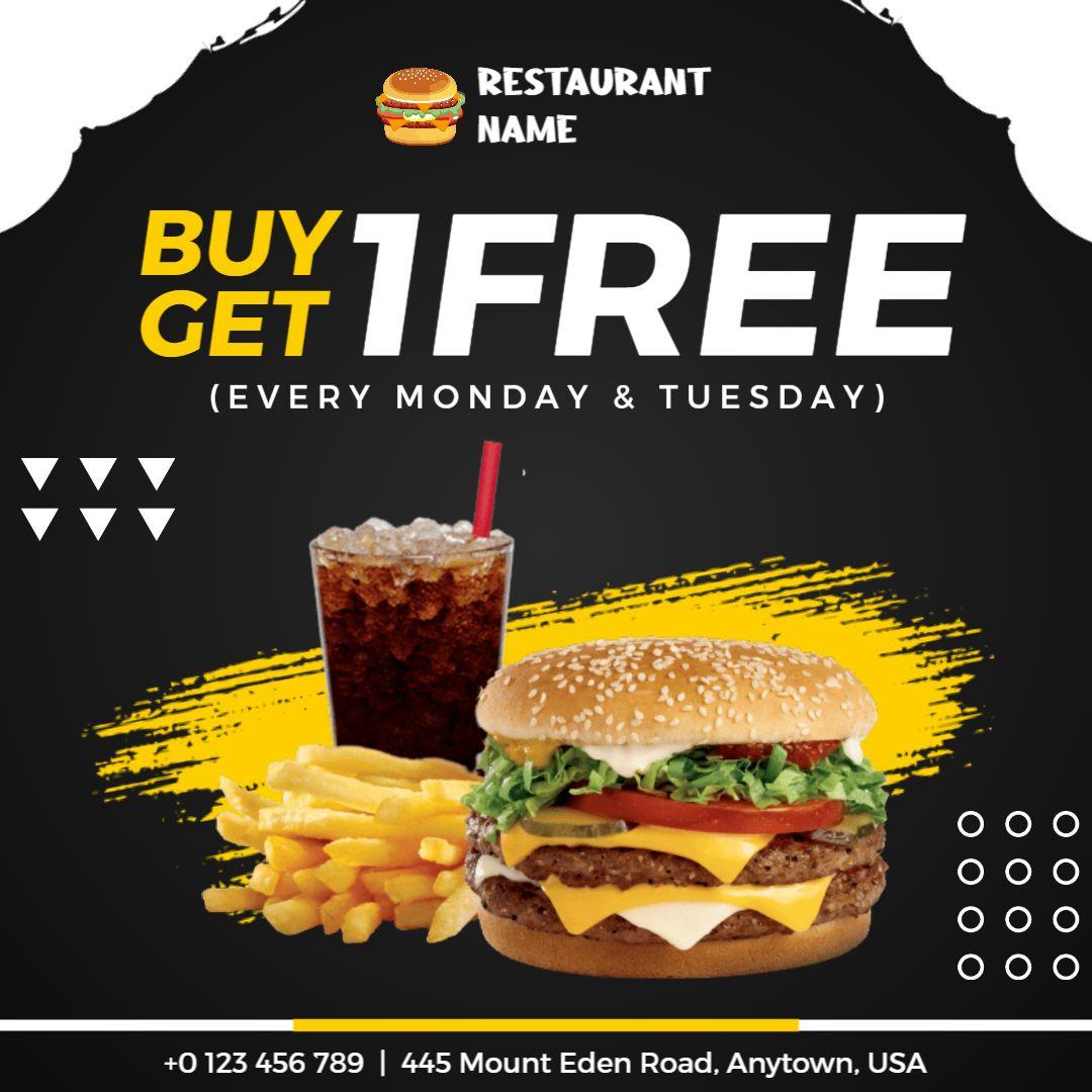 Bold Black and Yellow Buy 1 Get 1 Free Food Promotion Ad Template