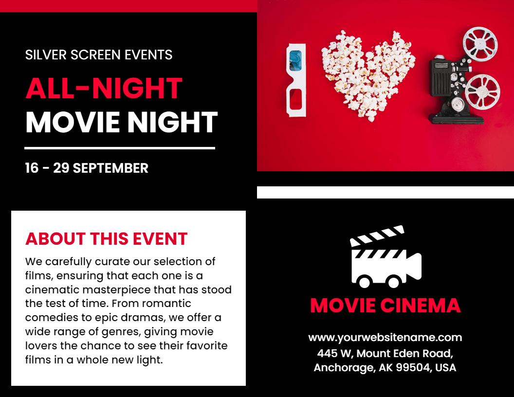 Bold Black Movie Night Events Cinema Brochure Template