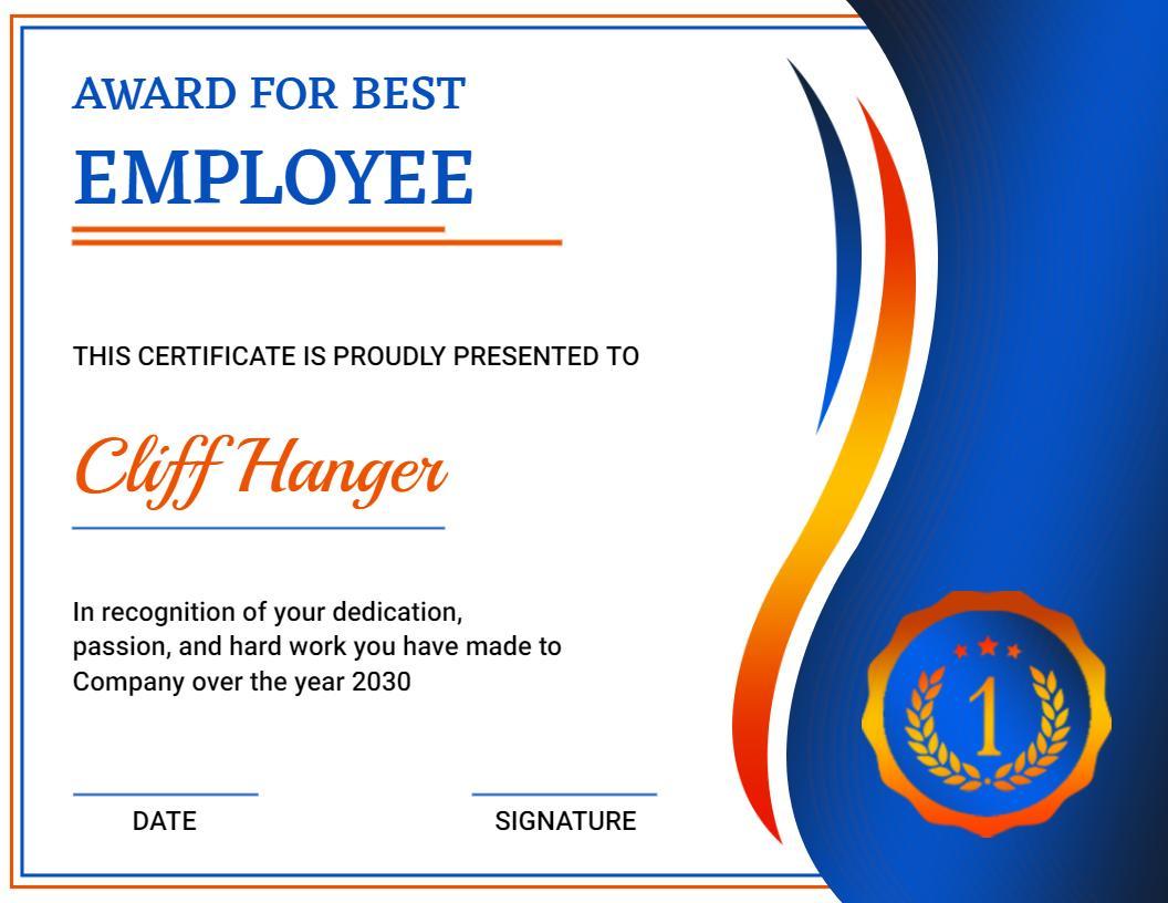 Bold Blue and Gold Best Employee Award Certificate Template