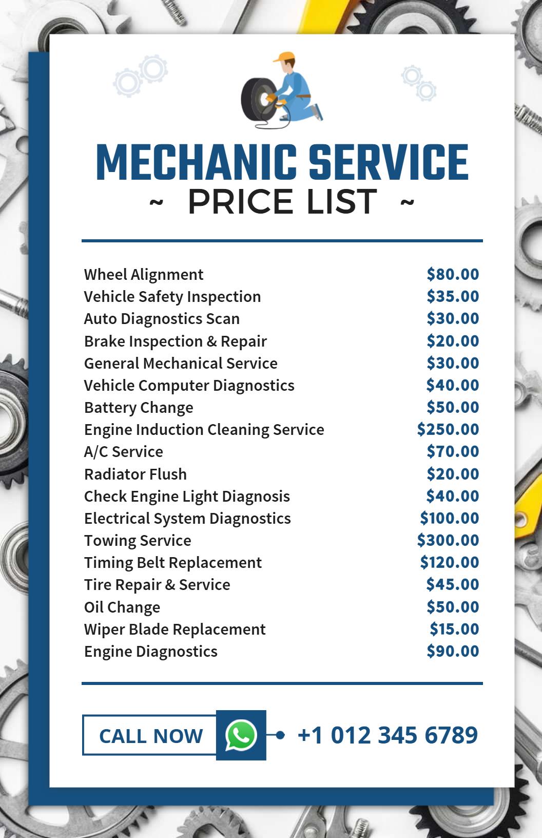 Bold Blue and White Auto Mechanic Service Price List Template