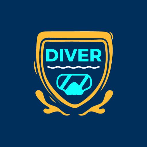 Bold Blue and Yellow Diver Logo with Ocean Waves Design Logo Template