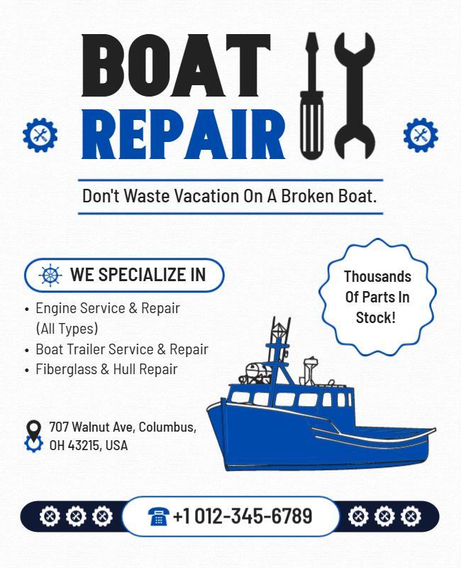 Bold Blue Boat Repair Service and Maintenance Poster Template