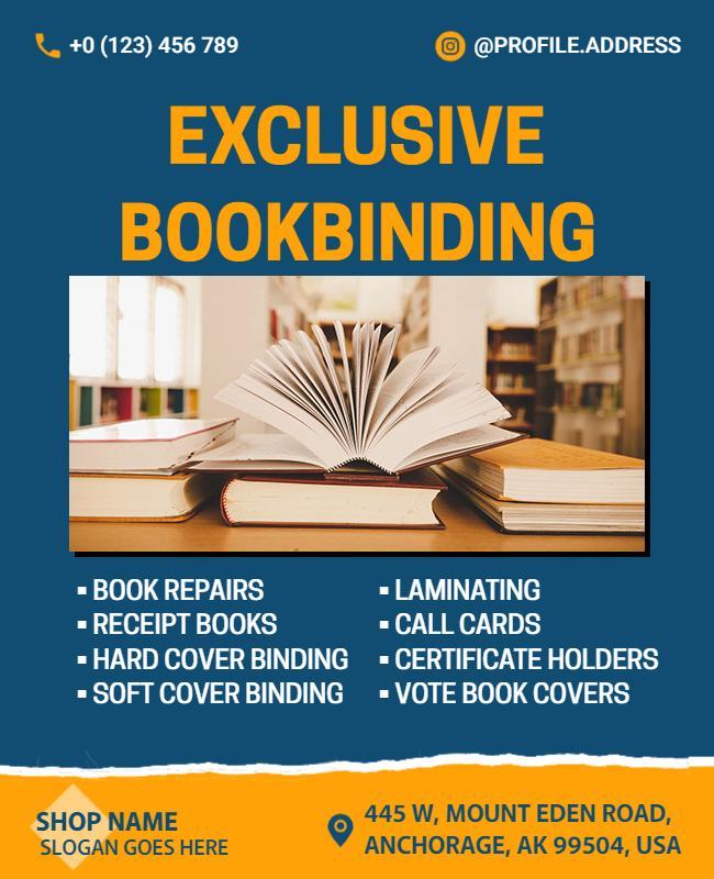 Bold Blue Bookbinding Services Promotion Poster Template