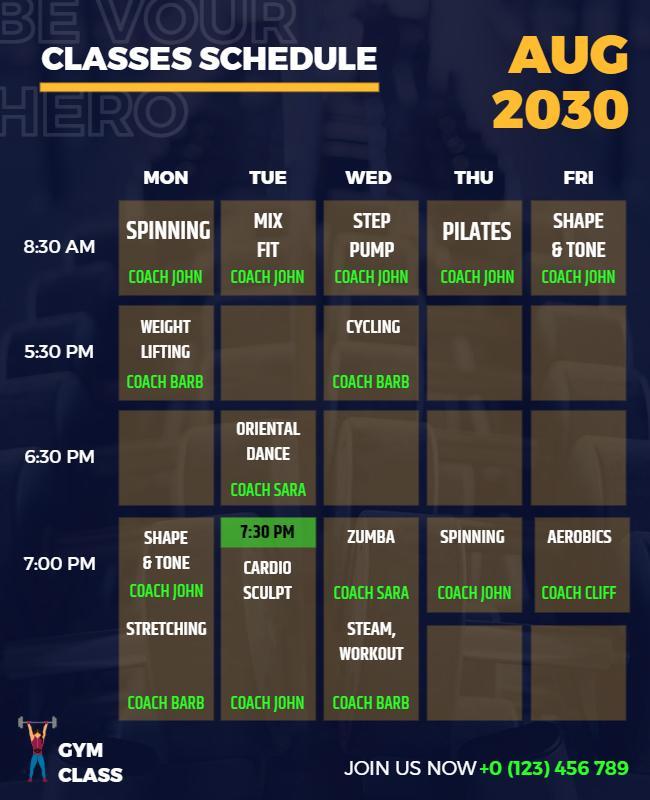 Bold Blue Fitness Class Schedule for August 2030 Poster Template