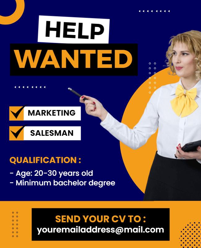 Bold Blue Help Wanted Marketing Salesman Job Poster Template