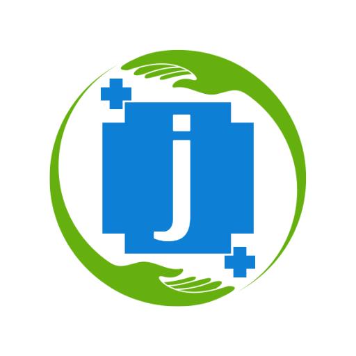 Bold Blue Letter J with Health Symbols in Circle Logo Template