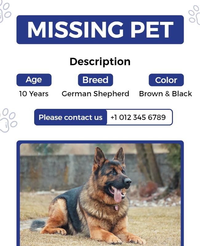 Bold Blue Missing Pet Announcement for German Shepherd Poster Template
