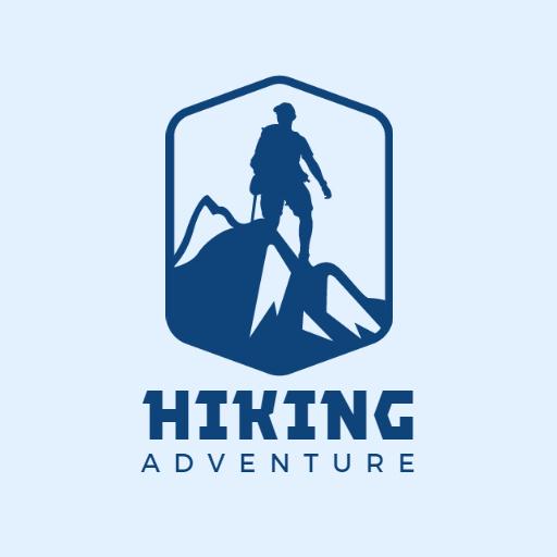 Bold Blue Mountain Climber Capturing Hiking Adventure Logo Template