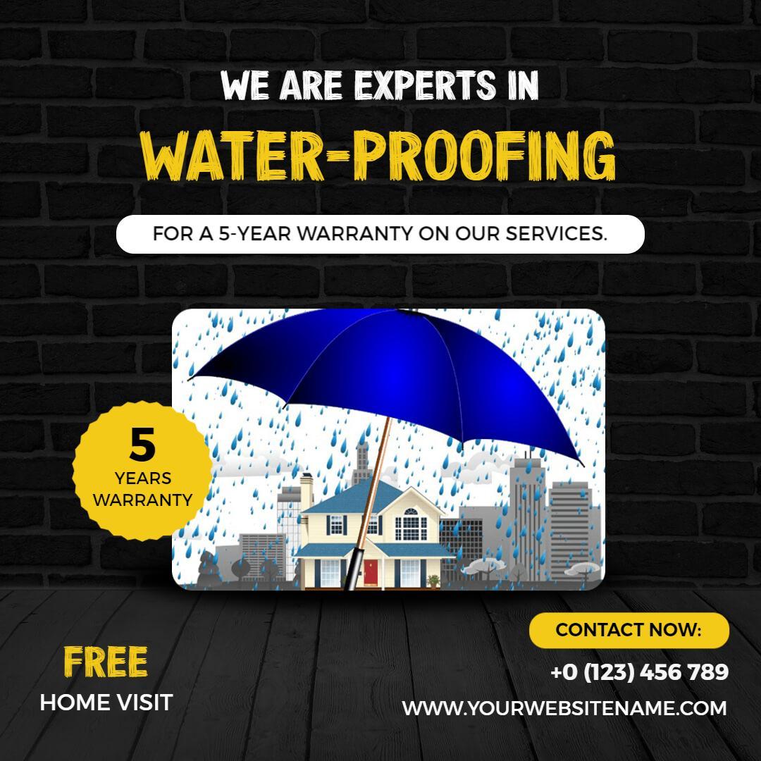 Bold Blue Waterproofing Service with 5-Year Warranty Ad Template