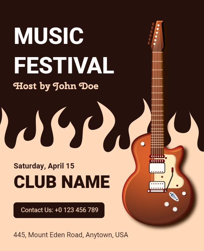 Bold Brown Music Festival with Guitar and Flames Poster Template
