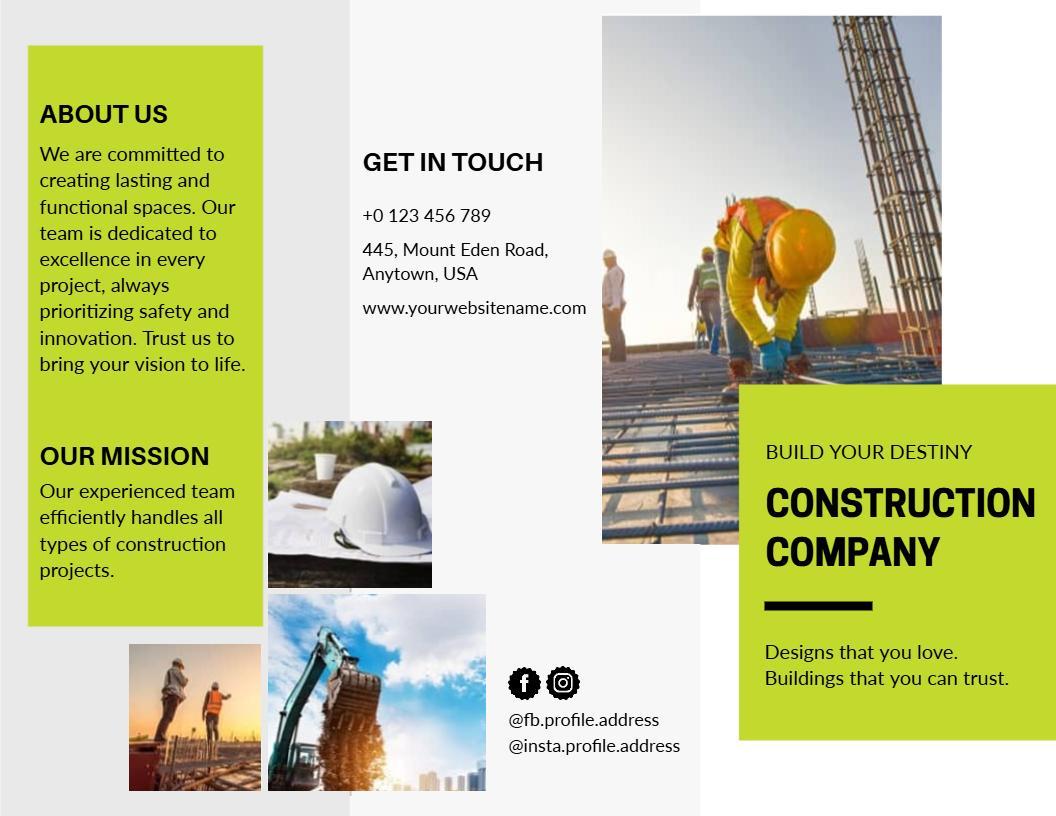 Bold Green Construction Company Services Overview Brochure Template