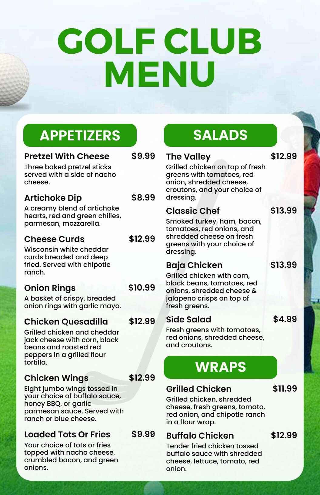 Bold Green Golf Club Appetizer Menu Template