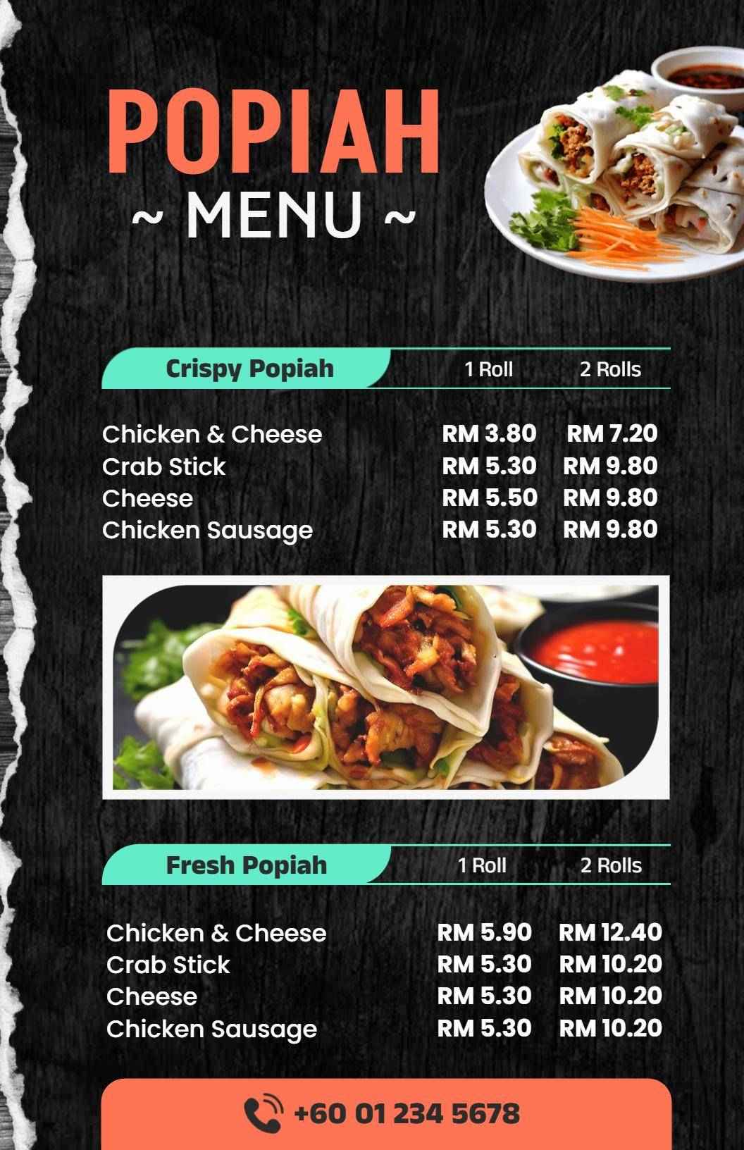 Bold Orange and Black Popiah Rolls Selection Menu Template