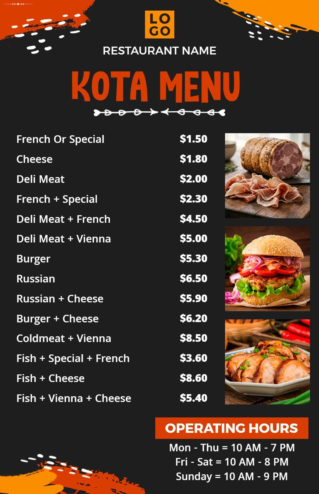 Bold Orange and Black Rustic Kota Food Selection Menu Template