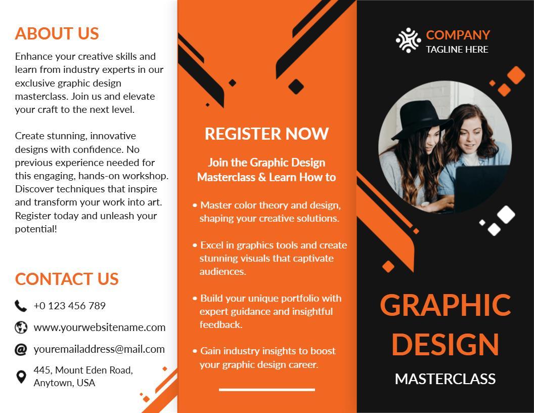 Bold Orange Graphic Design Masterclass Workshop Brochure Template