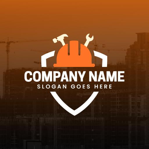 Bold Orange Helmet with Tools Representing Construction Logo Template