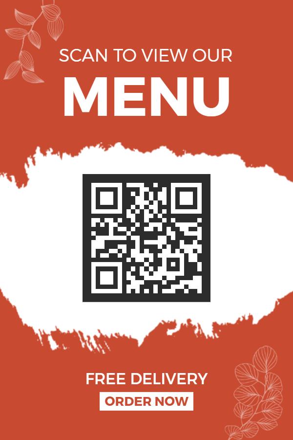 Bold Orange QR Code Food Menu with Leaves Poster Template