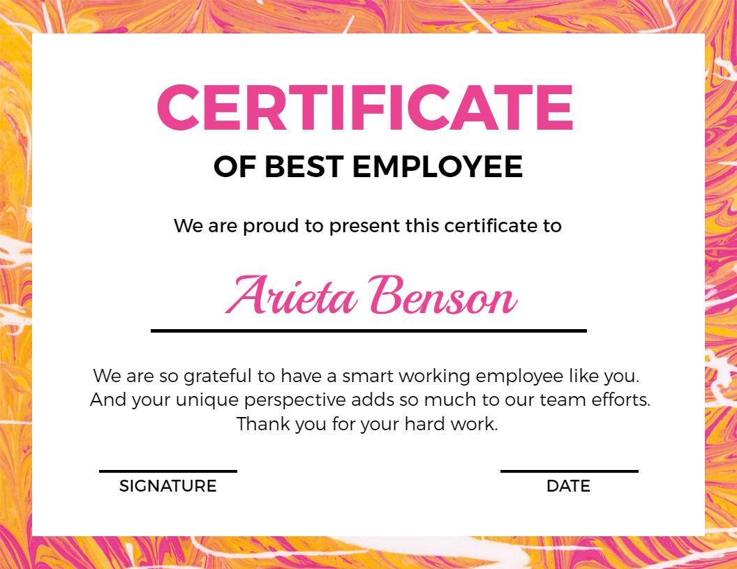 Bold Pink Swirled Design Best Employee Award Certificate Template