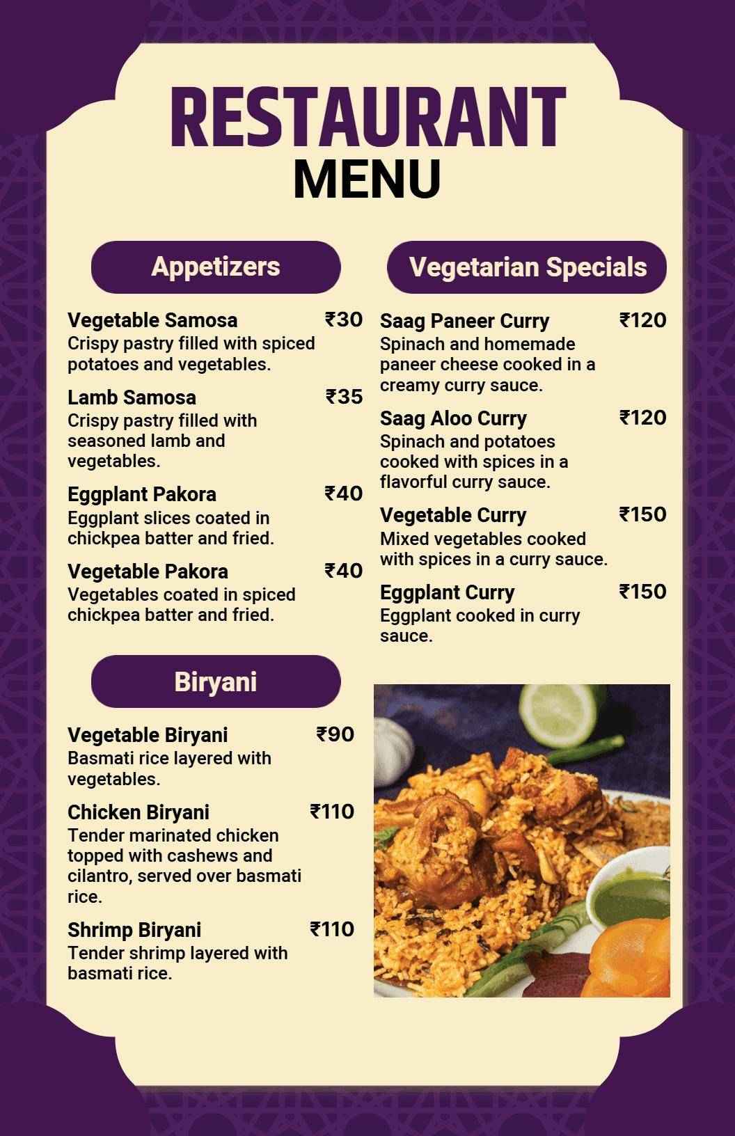 Bold Purple and Cream Indian Cuisine Restaurant Menu Template