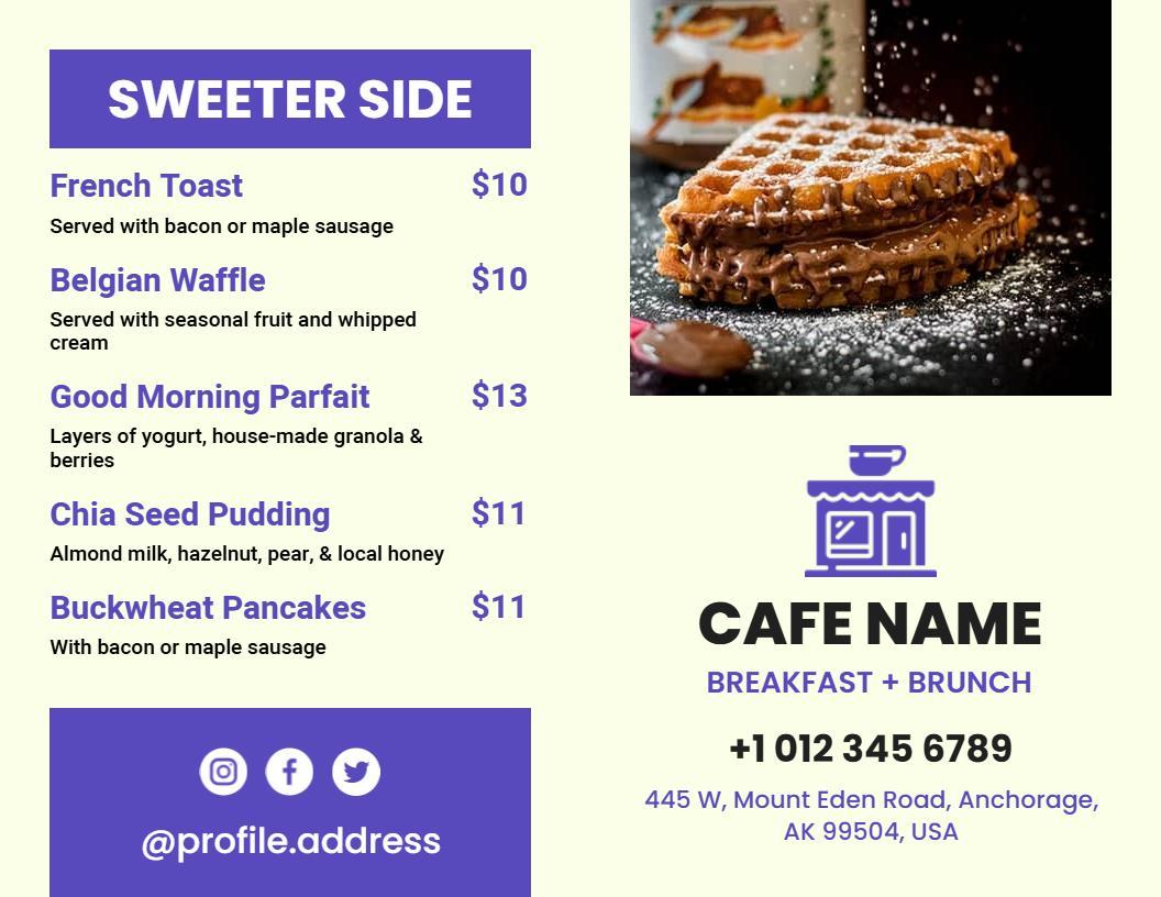 Bold Purple and Yellow Brunch Specials Bi-Fold Menu Template