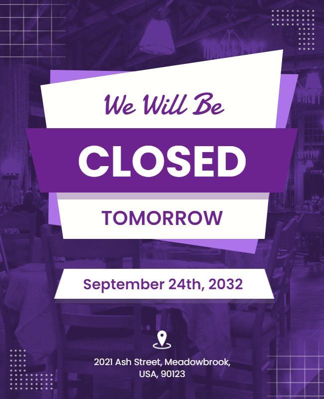 Bold Purple Announcement for Temporary Closure Poster Template